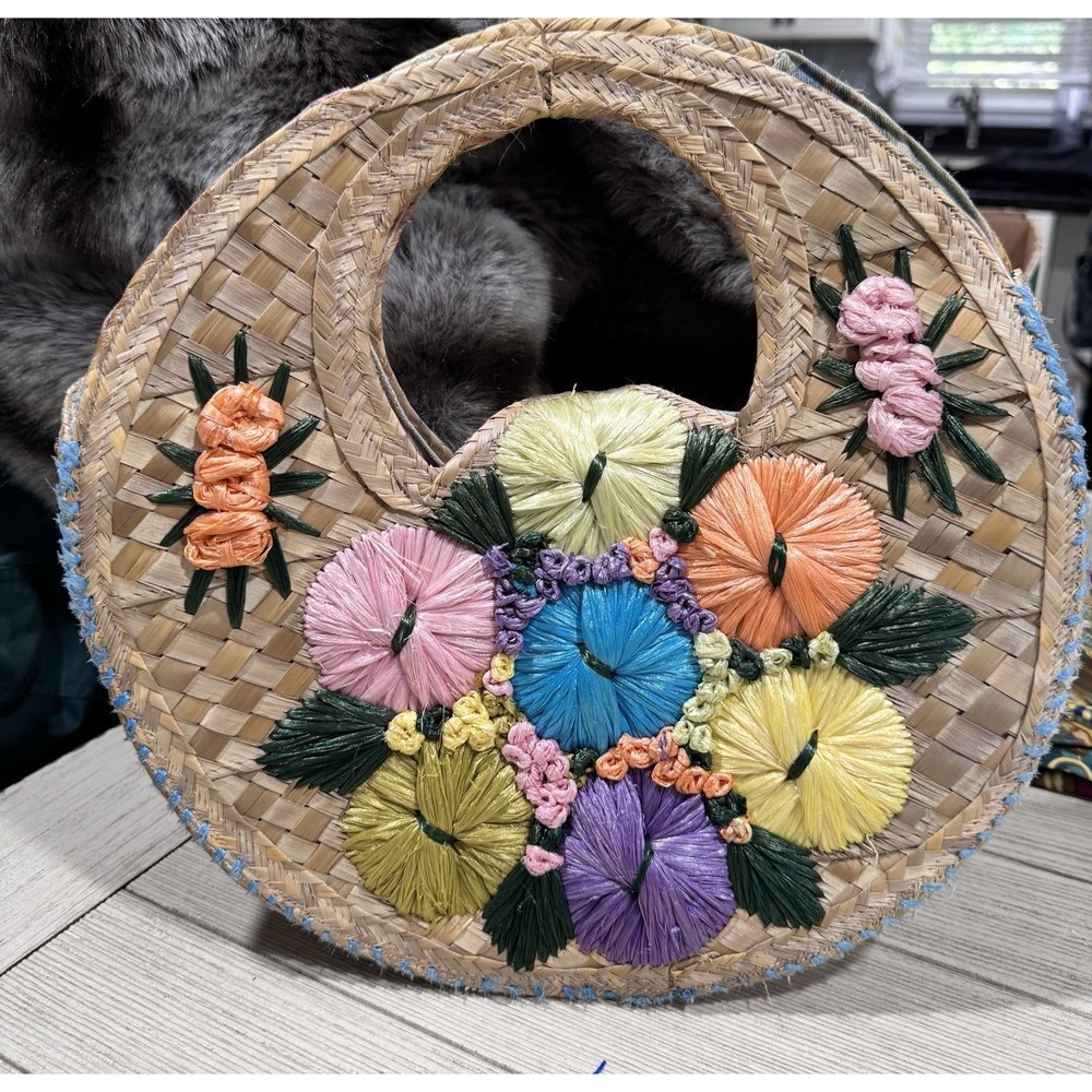 2 Vintage Woven Nassau Bahamas Straw Wicker Hobo Lined Tote Bag Flowers - Picture 2 of 15